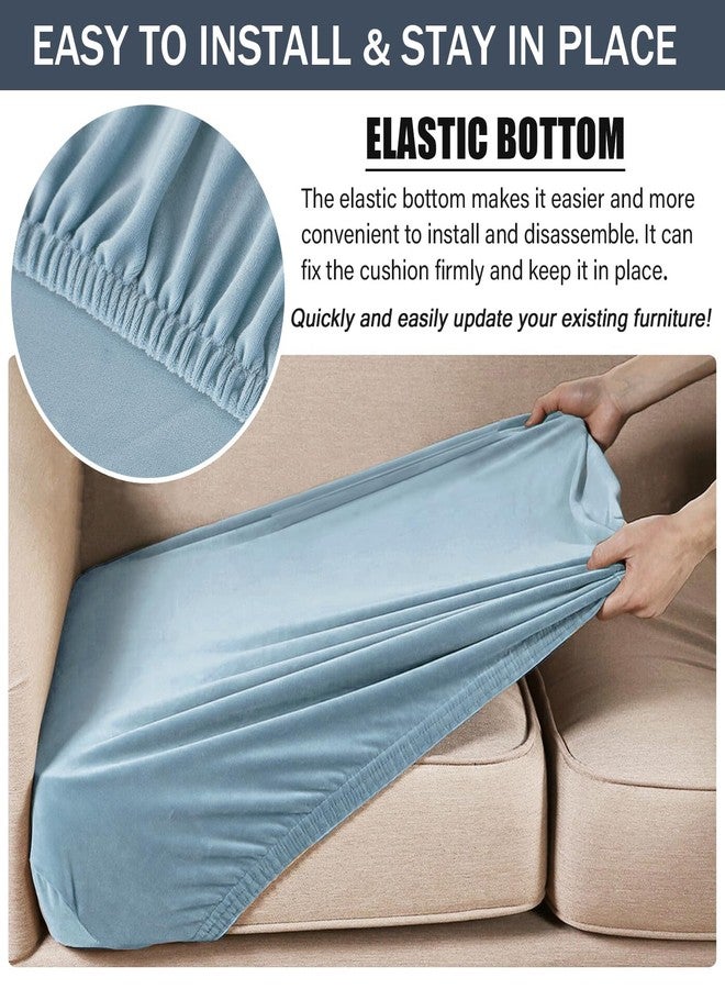 CONRUSER Stretch Cushion Cover, Soft Velvet Plush Cushion Slipcovers Loveseat Sofa Covers Couch Seat Covers Furniture Protector with Elastic Bottom (Medium, Light Blue) - Image 5